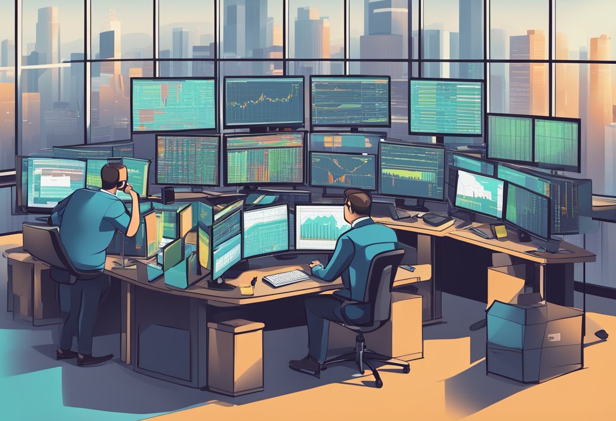 A busy trading day with multiple computer screens, charts, and numbers. A day trader is focused and making quick decisions. The atmosphere is intense and fast-paced