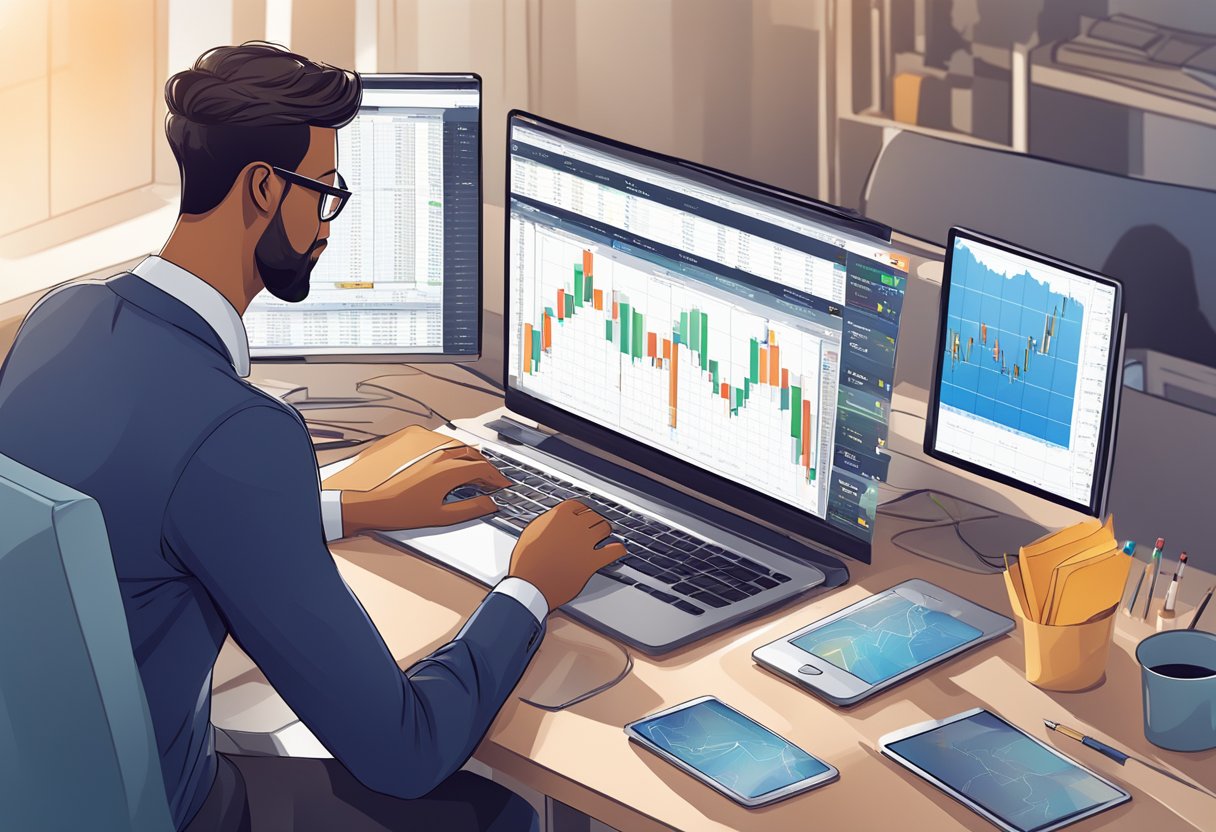 A person learning day trading using tools and analysis, a day trading broker, app, taxes, and a demo account