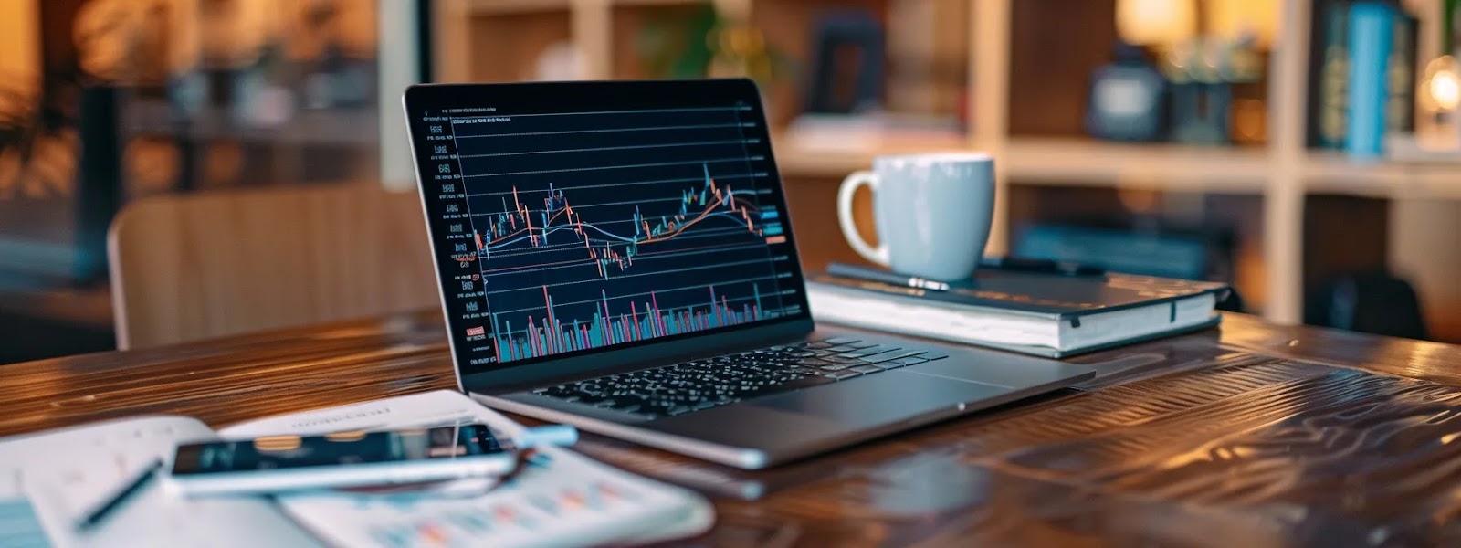 ein laptop mit börsen-charts auf dem bildschirm, umgeben von büchern über trading und einem smartphone mit einer daytrading-app, während ein händler online diskutiert.