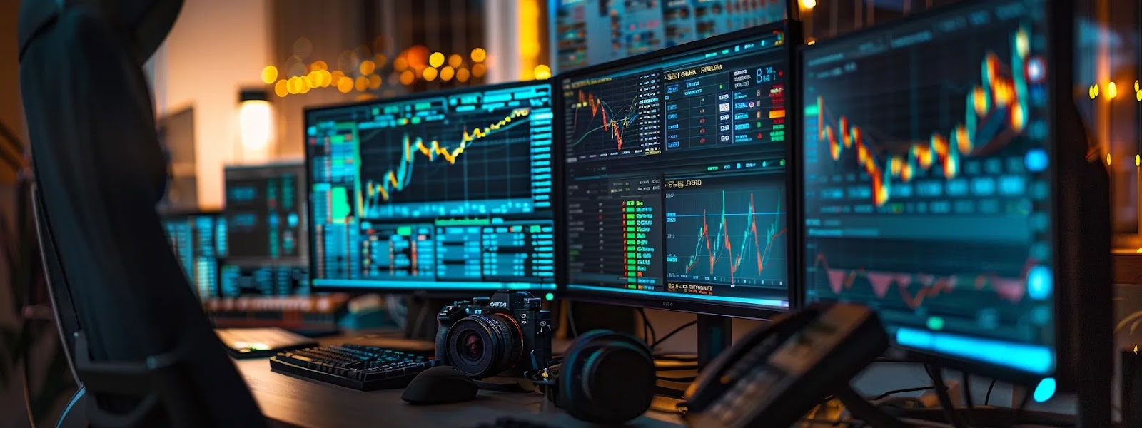 ein aufregender blick auf eine vielzahl von finanzdiagrammen und monitoren, die das intensive daytrading-erlebnis verdeutlichen.