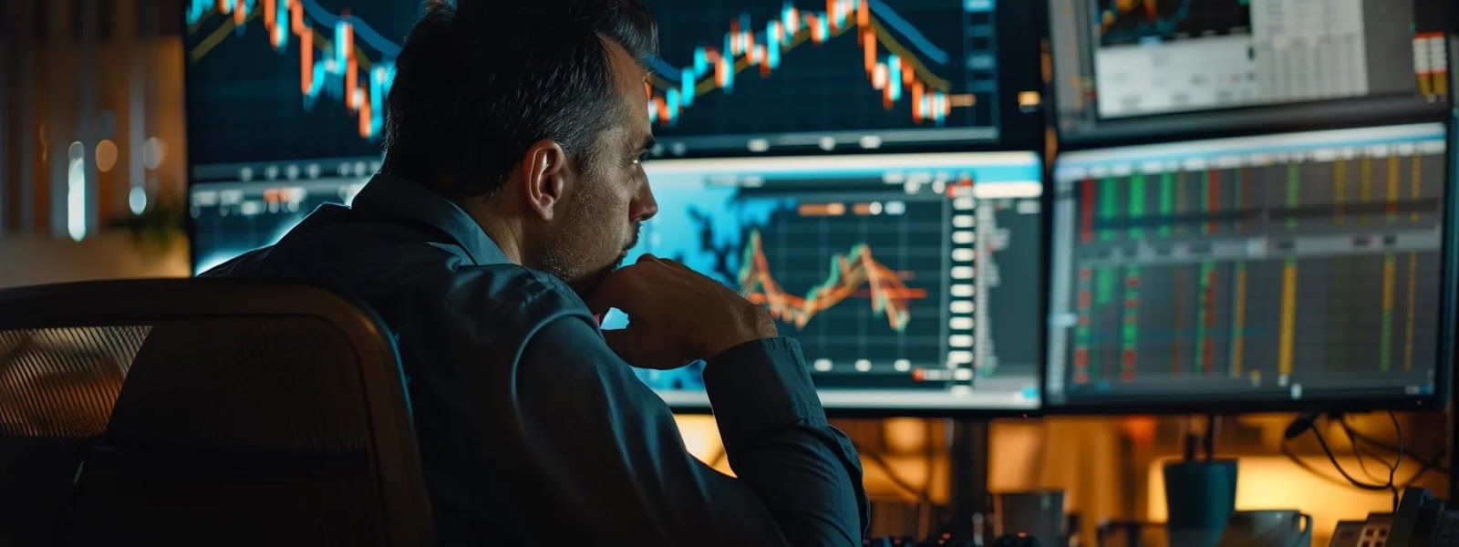 ein trader sitzt konzentriert vor seinem computerbildschirm, umgeben von charts, stop-loss und take-profit orders, während er die positionsgrößen sorgfältig bestimmt und den moving average analysiert.